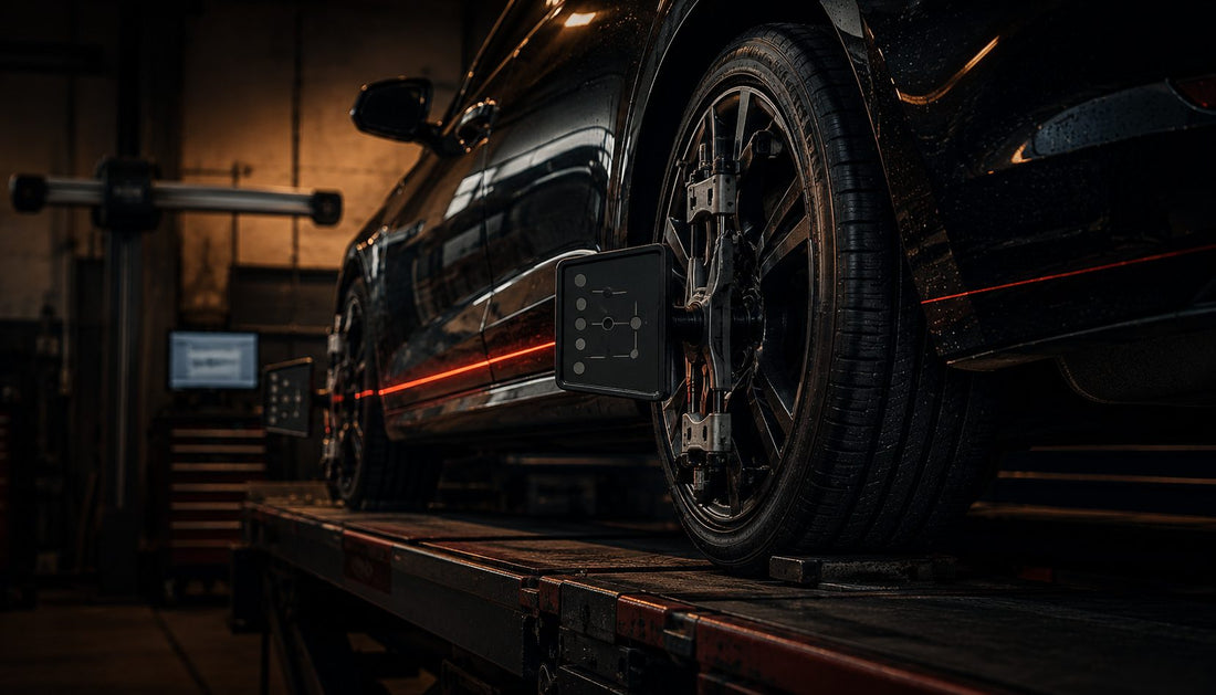 Car on an alignment rack with laser sensors on the wheels — why alignment matters, TIRE OX