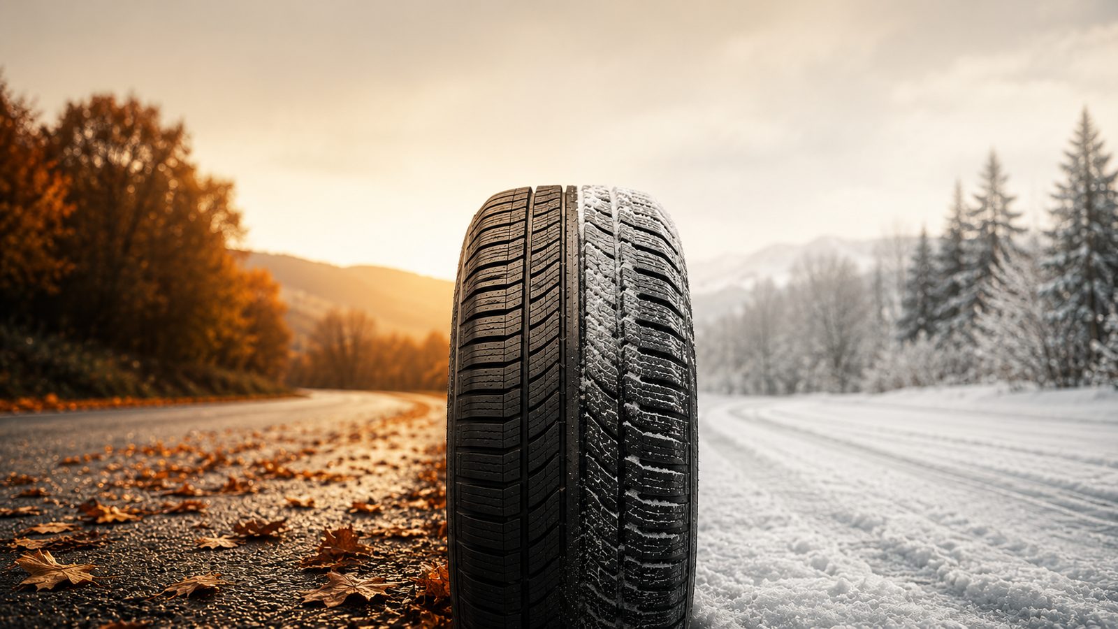 A car tire on a road that transitions from warm dry autumn pavement on one side to light snow and frost on the other, illustrating all-season, all-weather, and winter tire conditions