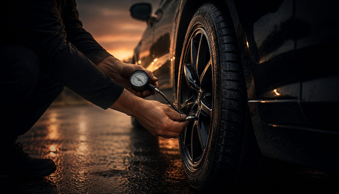 Driver checking tire pressure with a gauge at dusk — TIRE OX tire care tips