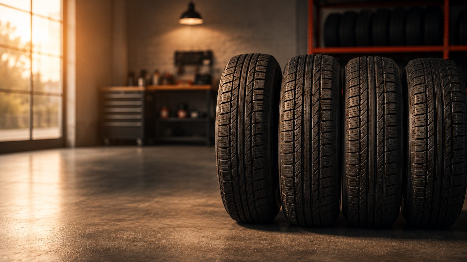 A row of new car tires standing upright in a clean, well-lit shop, with no visible brand logos, illustrating comparing tire brands by value