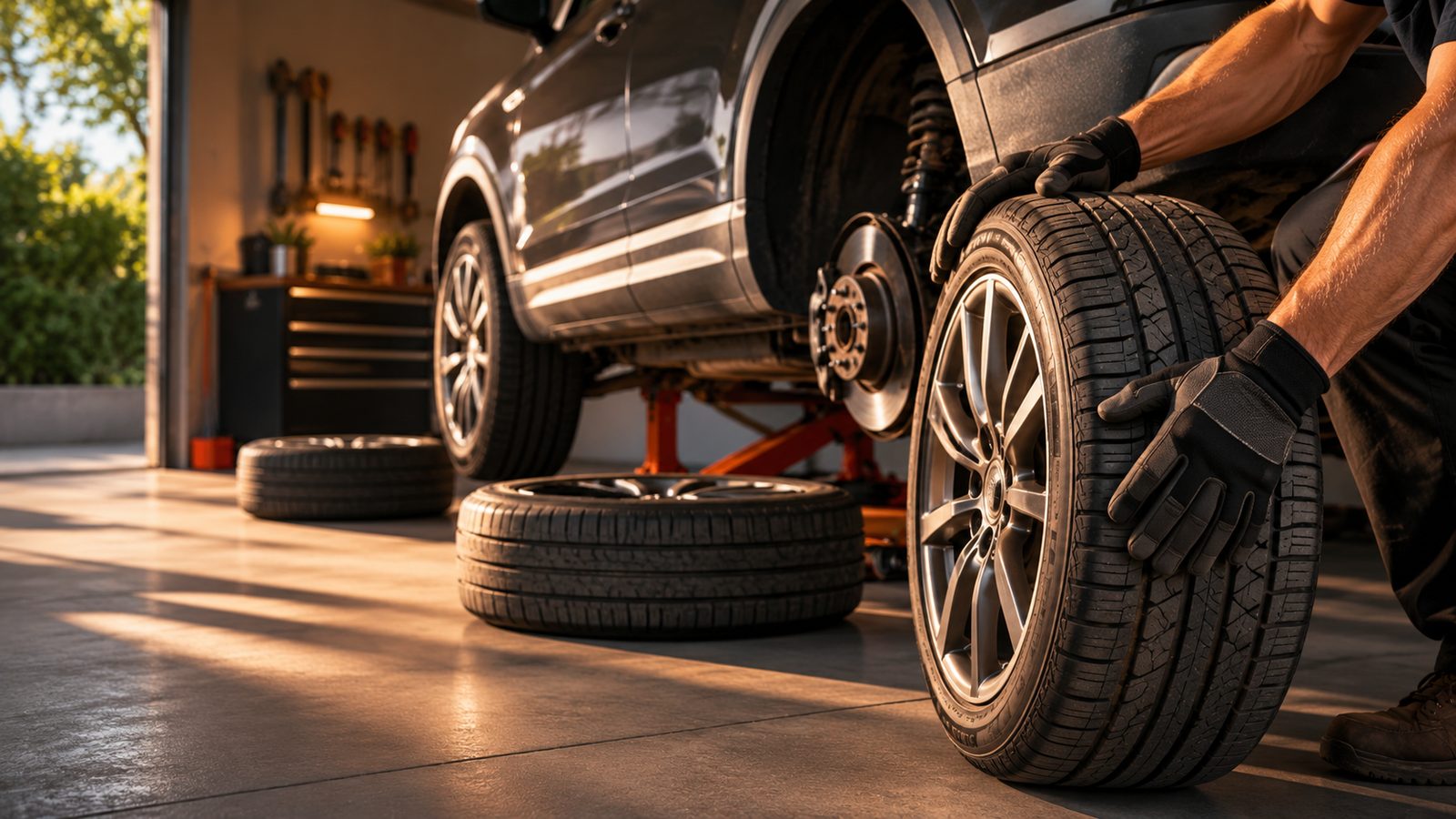 A mechanic moving a car tire and wheel to a new position during a tire rotation in a clean shop