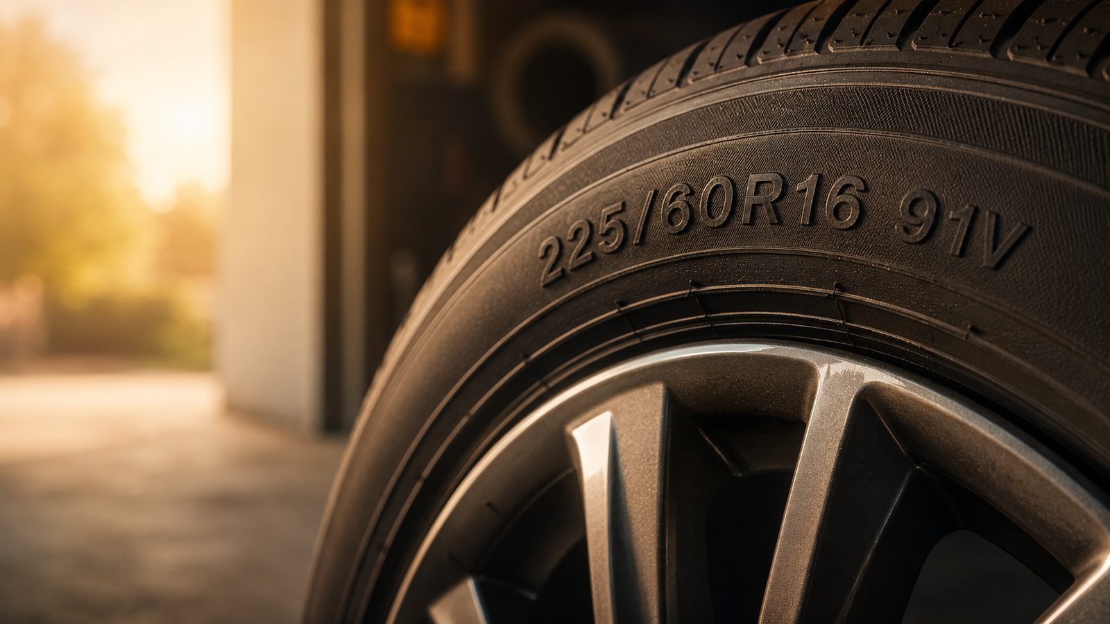 Close-up of a car tire sidewall showing the tire size markings 225/60R16, with the width, aspect ratio, radial code, and wheel diameter visible